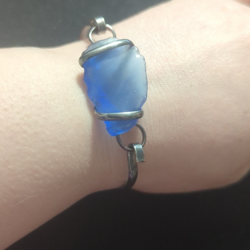 Gunmetal Black Blue Sea Glass Bangle Statement Bracelet